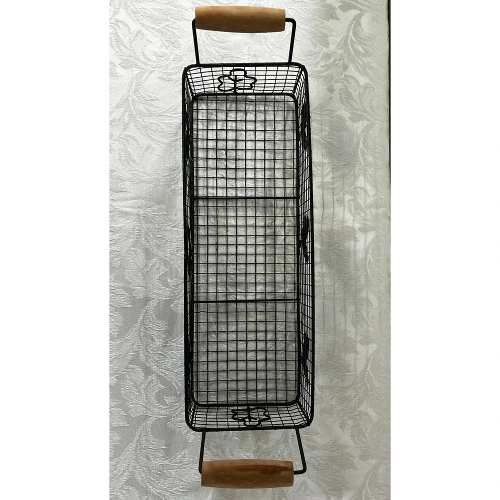 Rectangular Wire Rooster Basket Farmhouse Metal Storage Wood Handles 19x5.5 in